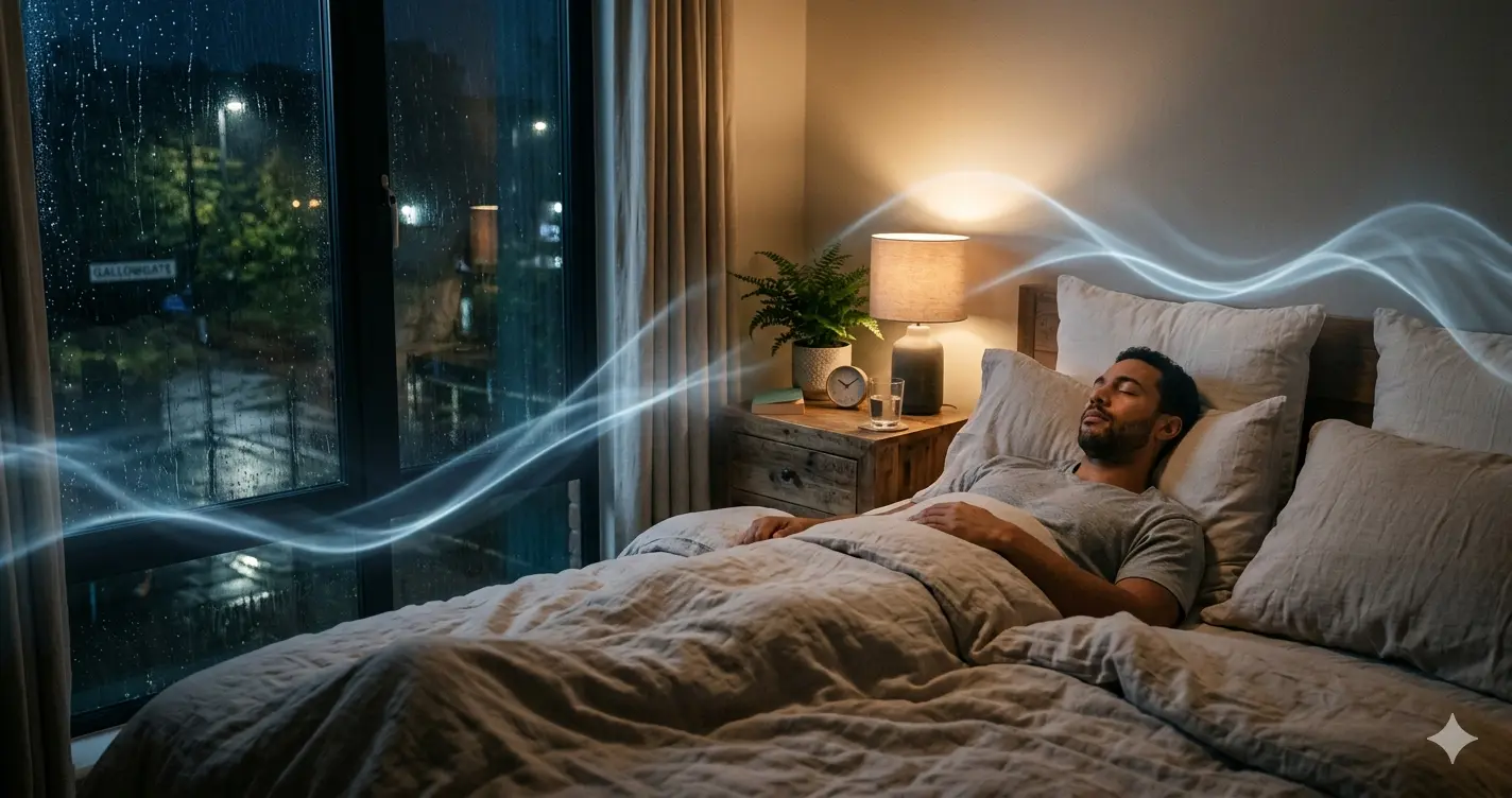Person resting peacefully while natural sound waves subtly blend into the scene, cinematic, realistic, soft tones