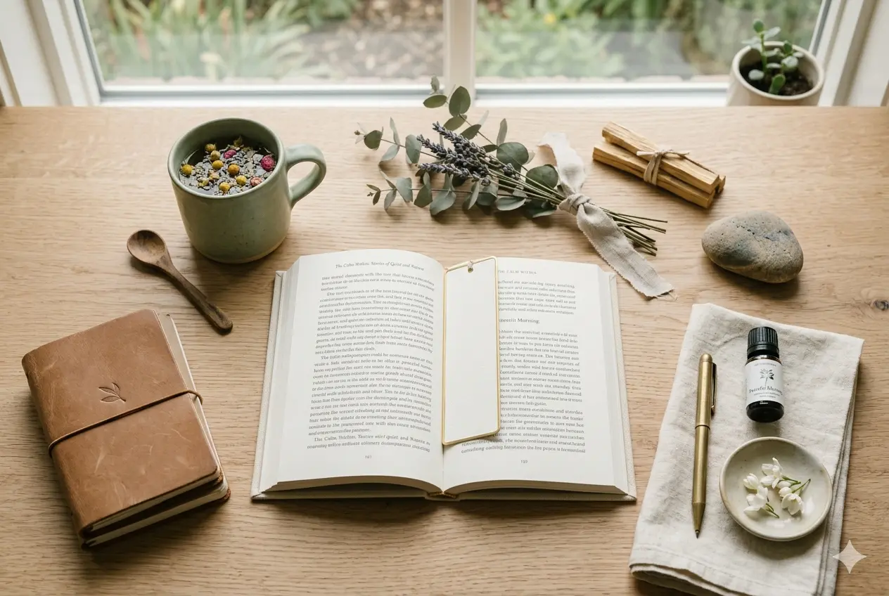 A peaceful wellness flat lay on a wooden desk featuring an open book, a mug of herbal tea, dried flowers, and aromatherapy essentials, all bathed in soft natural light.