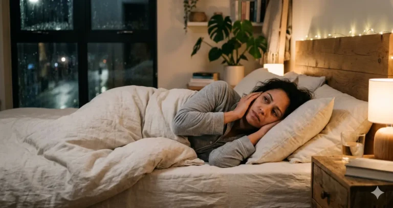 A tired person lying awake in bed with subtle tinnitus discomfort, soft nighttime lighting