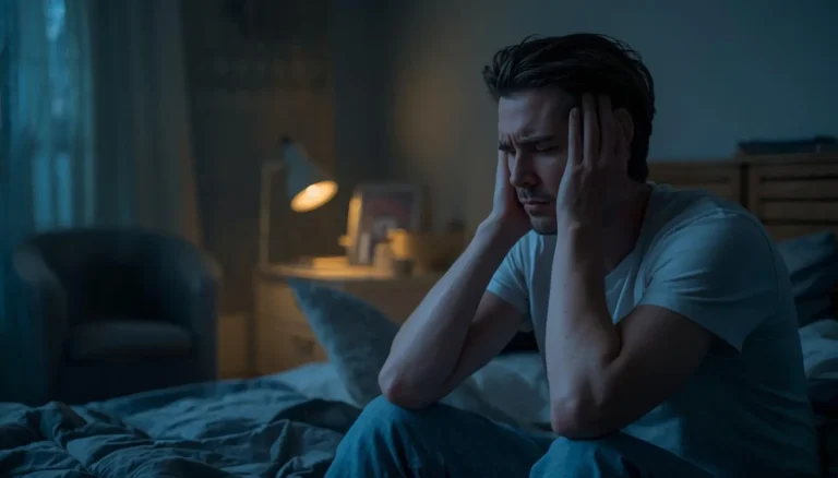 A stressed person sitting quietly at night with subtle tinnitus discomfort, soft ambient lighting, calm bedroom