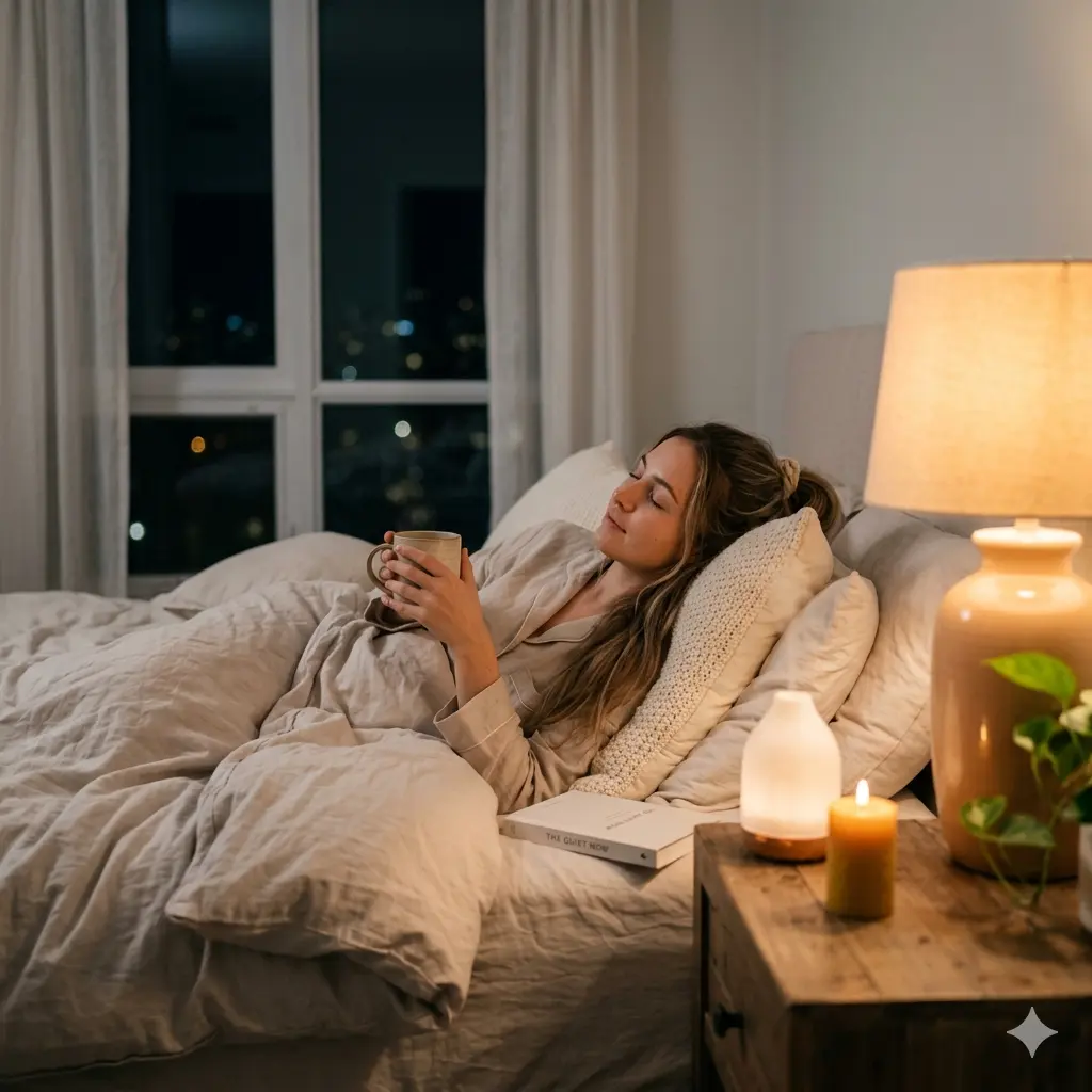 A woman relaxing in bed with a warm mug in a cozy, softly lit bedroom.