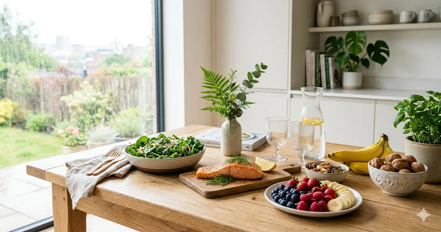 A healthy wellness-themed kitchen table with salmon, leafy greens, berries, nuts, bananas, and water, bright natural lighting