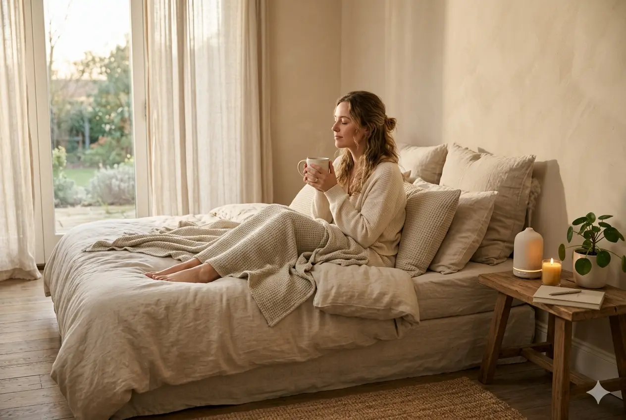 A young woman in a cozy knit outfit sits on a bed covered in linen bedding, holding a steaming mug with eyes closed, in a softly lit, warm bedroom with large windows and a garden view. A small wooden side table holds a diffuser, a burning candle, and a plant.
