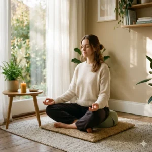 A woman meditating on a rug in a bright room.