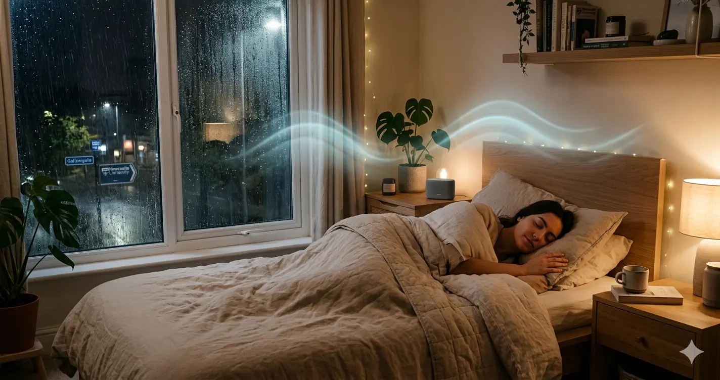 A peaceful nighttime bedroom with soft rain outside the window, warm ambient lighting, relaxing atmosphere, calming wellness aesthetic, person resting peacefully while natural sound waves subtly blend into the scene, cinematic, realistic, soft tones