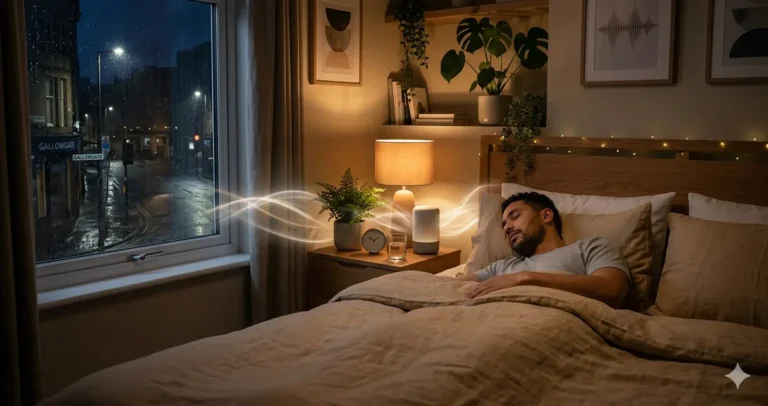 A quiet nighttime bedroom with soft ambient sound atmosphere, person peacefully resting with subtle tinnitus concept