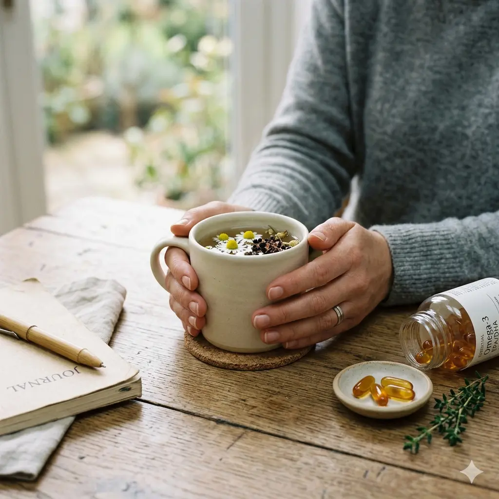 Hands holding a warm mug of herbal tea next to a bottle of Omega-3 supplements and a journal on a wooden table.
