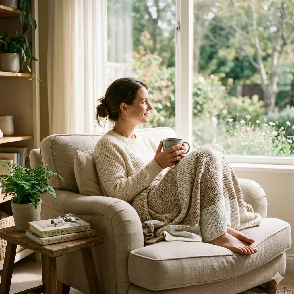 A woman relaxing in an armchair by a window with a warm drink.