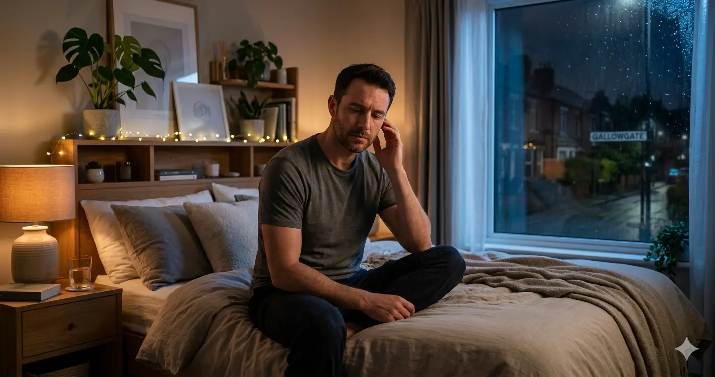 A thoughtful person sitting quietly at night with subtle tinnitus discomfort, calm emotional atmosphere