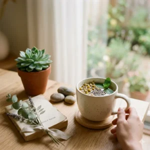 A tranquil wellness scene on a wooden table featuring a hand holding a mug of herbal tea, a small succulent, smooth river stones, and a book titled "QUIET NOW" decorated with dried flowers, all bathed in soft, natural light.