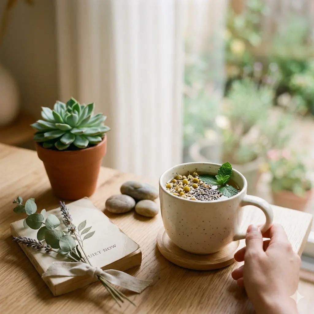 A tranquil wellness scene on a wooden table featuring a hand holding a mug of herbal tea, a small succulent, smooth river stones, and a book titled "QUIET NOW" decorated with dried flowers, all bathed in soft, natural light.