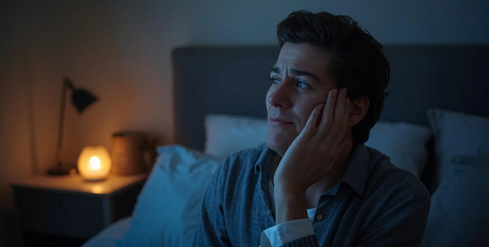 Person experiencing stress and tinnitus symptoms in a quiet nighttime environment