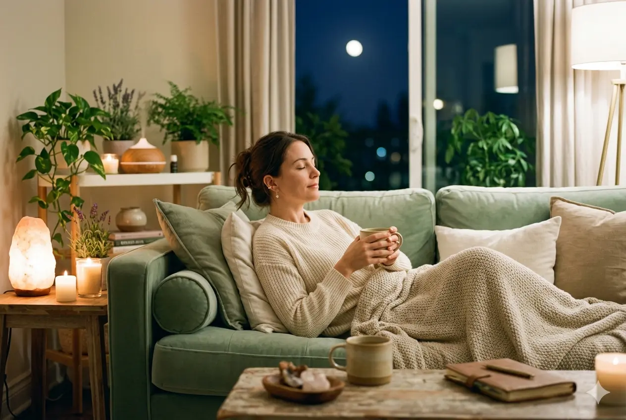 A photograph of a woman with her eyes closed, wearing a cream sweater, lying on a sofa while holding a mug. She is covered in a beige blanket, and the room is lit with warm light from lamps and candles, with a full moon visible through the window.