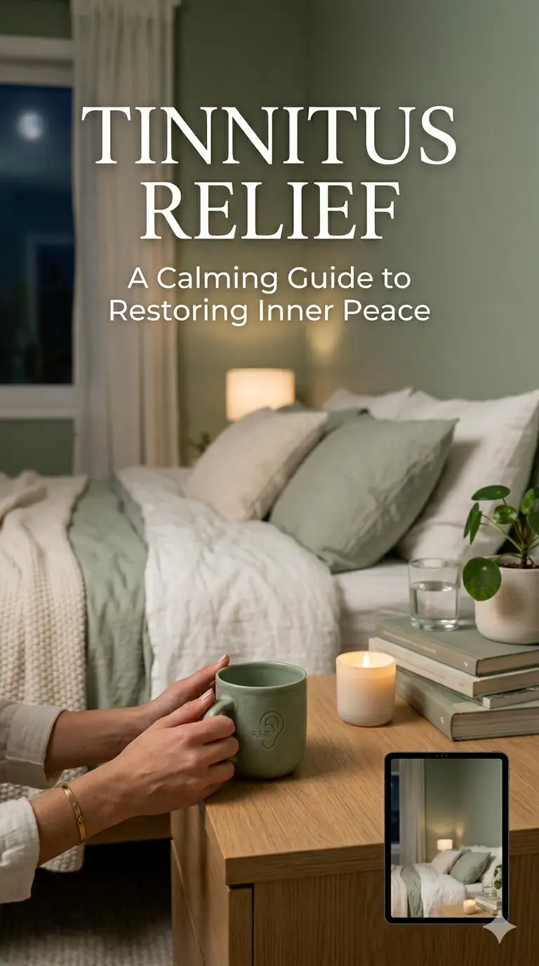 Scene for a tinnitus relief guide, calming sage green and white color palette