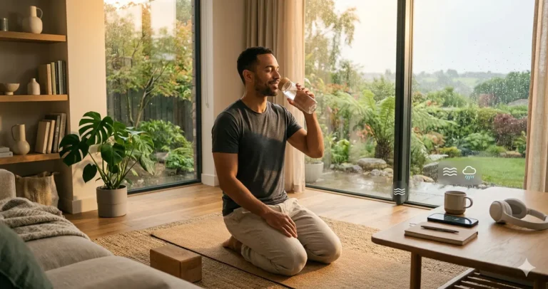 A calm wellness lifestyle scene showing healthy daily habits, person drinking water, exercising lightly, relaxing
