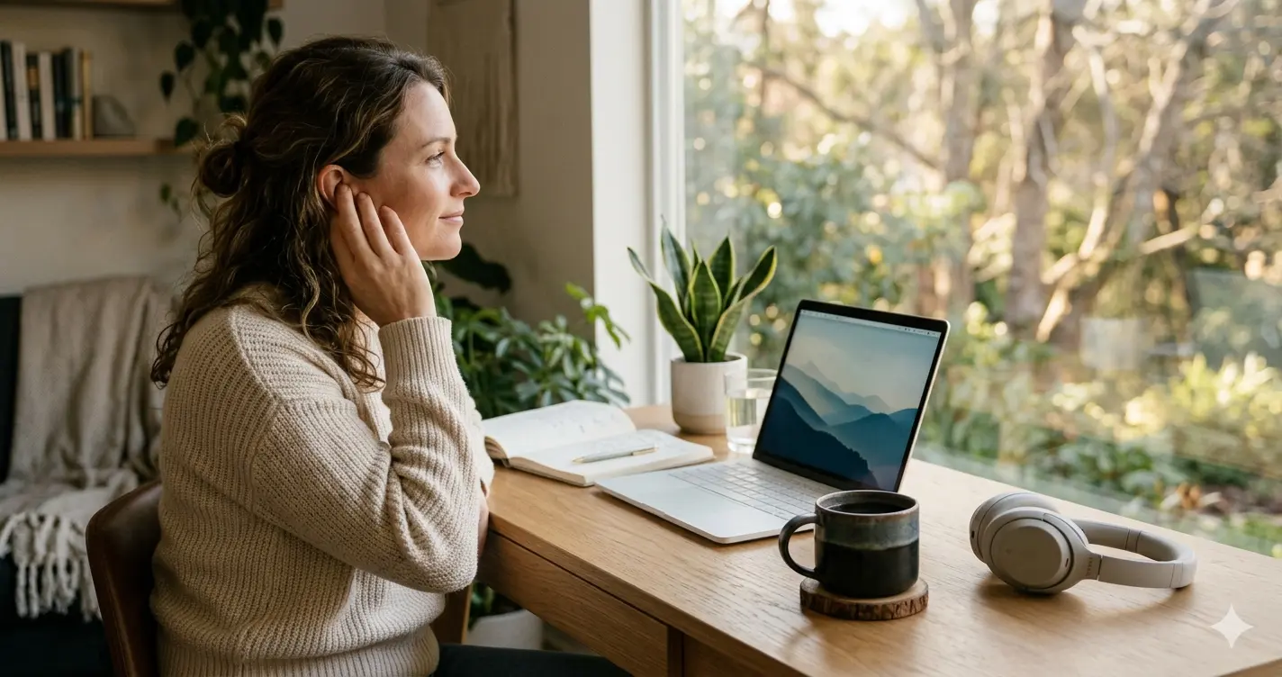 Woman sitting by a window with coffee while managing tinnitus symptoms in a calm home environment