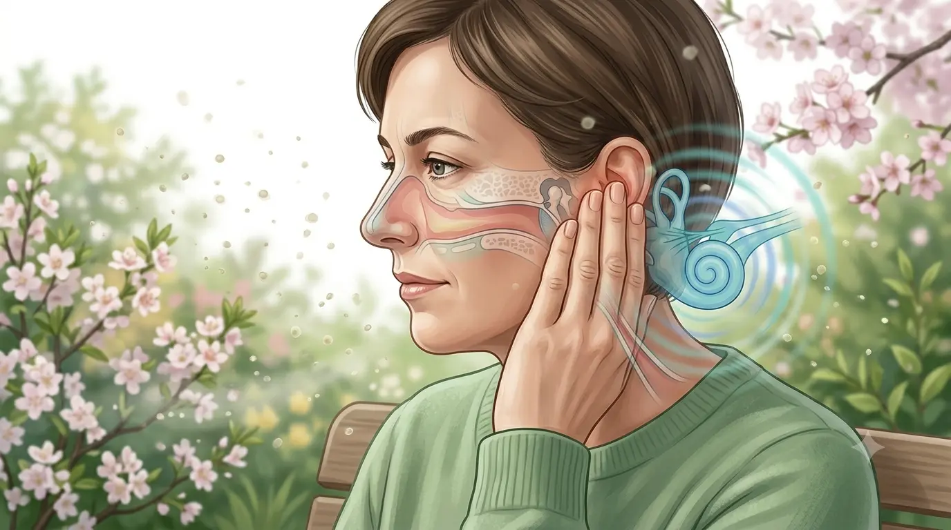 Illustration showing how seasonal allergies, sinus congestion, and ear pressure may worsen tinnitus symptoms.
