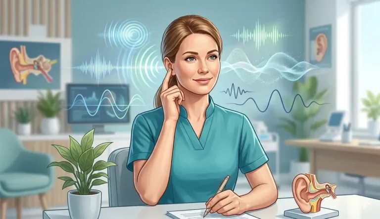 Illustration showing common tinnitus sounds including ringing, buzzing, humming and hissing.