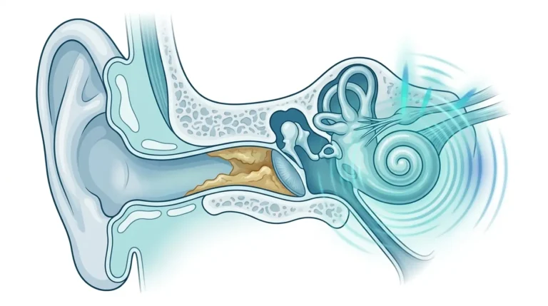 Illustration showing an ear canal with impacted earwax and tinnitus-related ringing sound waves.
