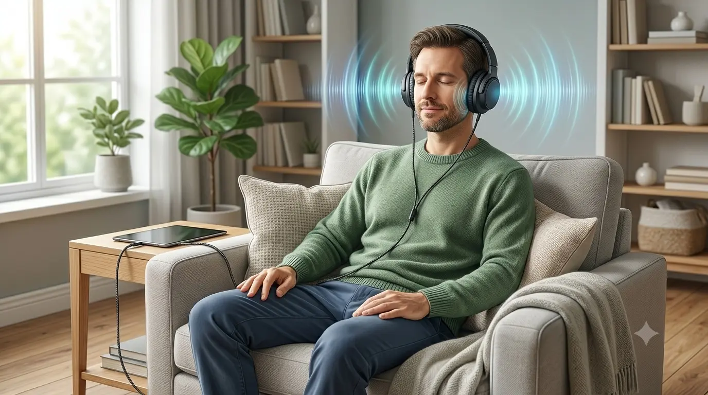 A person wearing headphones while listening to music with tinnitus awareness and hearing health concept.