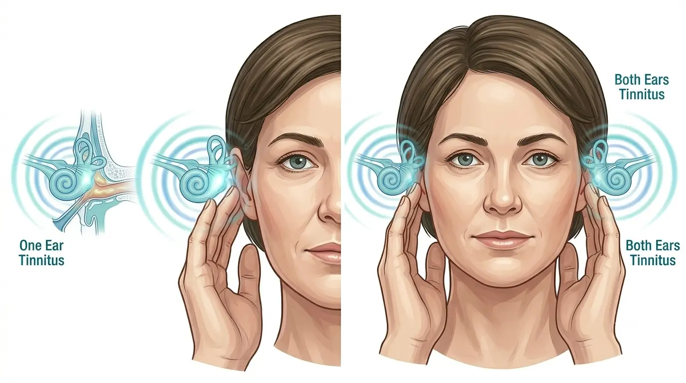 Illustration comparing tinnitus in one ear versus tinnitus in both ears.
