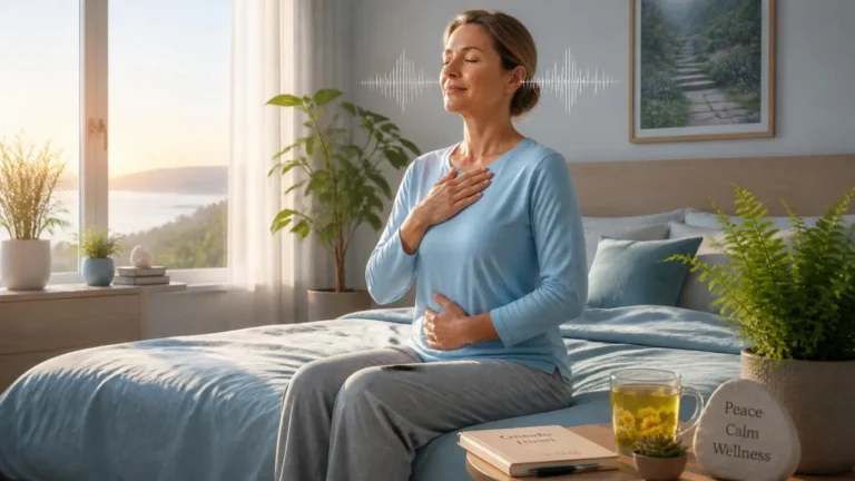 Person practising relaxation techniques and deep breathing to help manage tinnitus naturally.