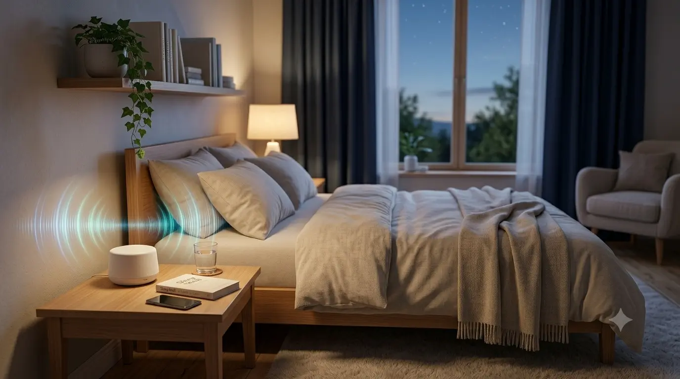 A calm, tinnitus-friendly bedroom with soft lighting, comfortable bedding, and a white noise machine to support better sleep.