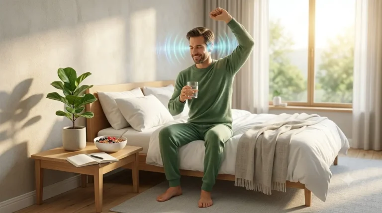 Person following healthy morning habits that may help manage tinnitus naturally by drinking water and stretching after waking.