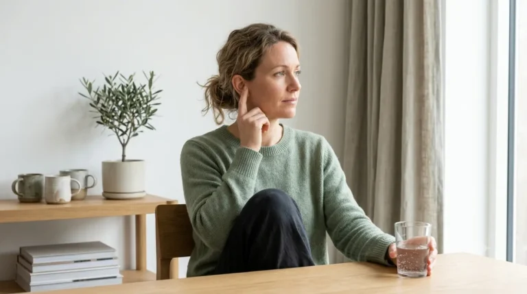 Person holding a glass of water while experiencing tinnitus symptoms at home