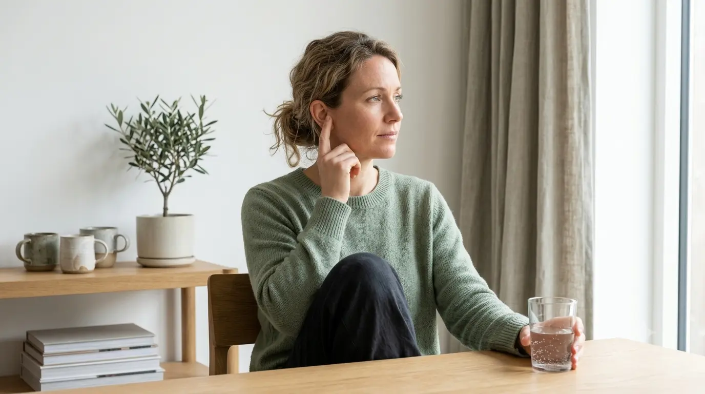 Person holding a glass of water while experiencing tinnitus symptoms at home